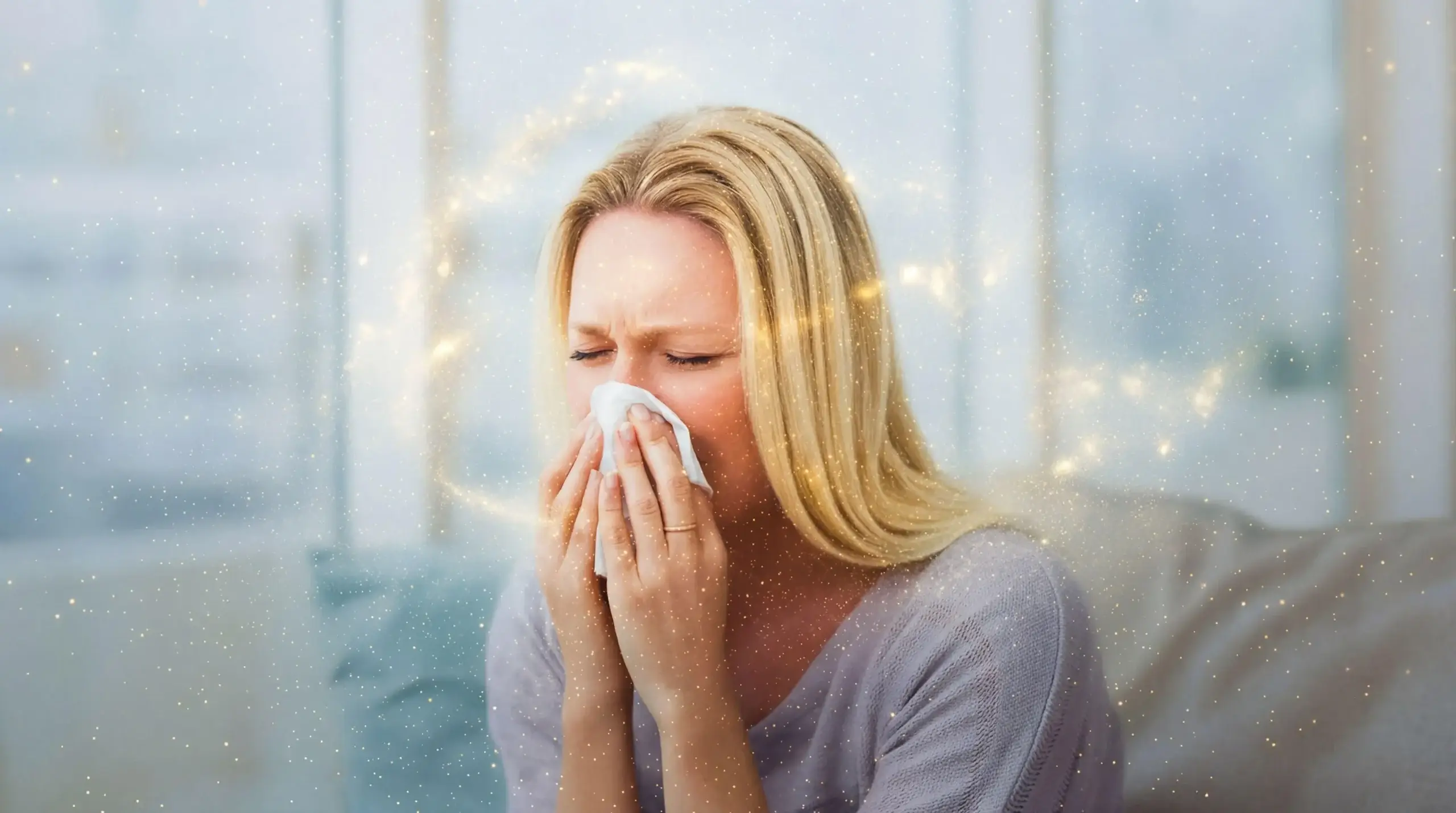 Woman experiencing allergies indoors, representing the importance of allergy friendly flooring in a healthy home