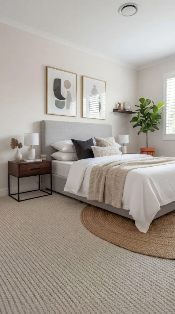 Modern neutral bedroom with a gray upholstered bed, white bedding, and abstract art prints.