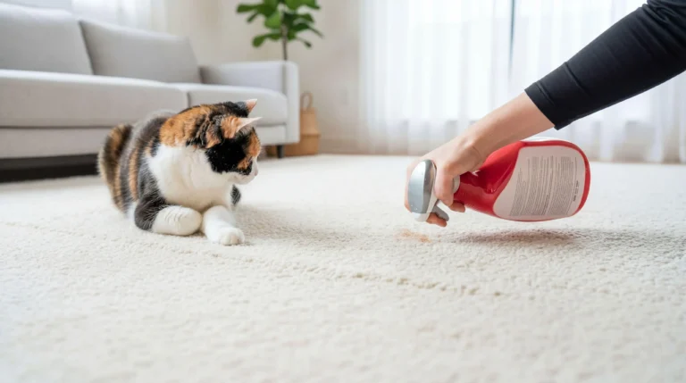Cleaning a carpet near a pet, representing proper care and maintenance linked to carpet warranties