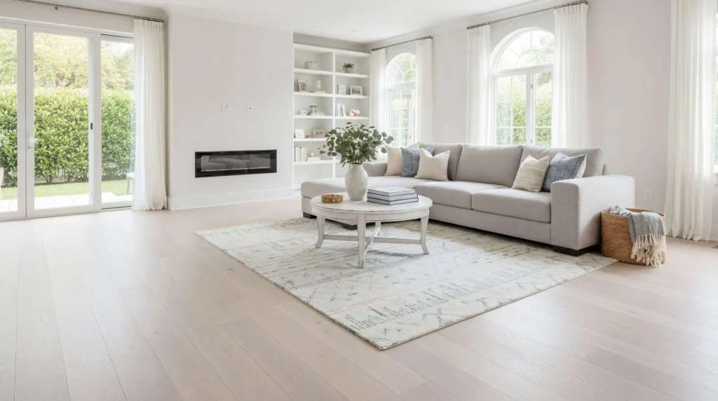 Hamptons style living room with white flooring, soft neutral furnishings and natural light