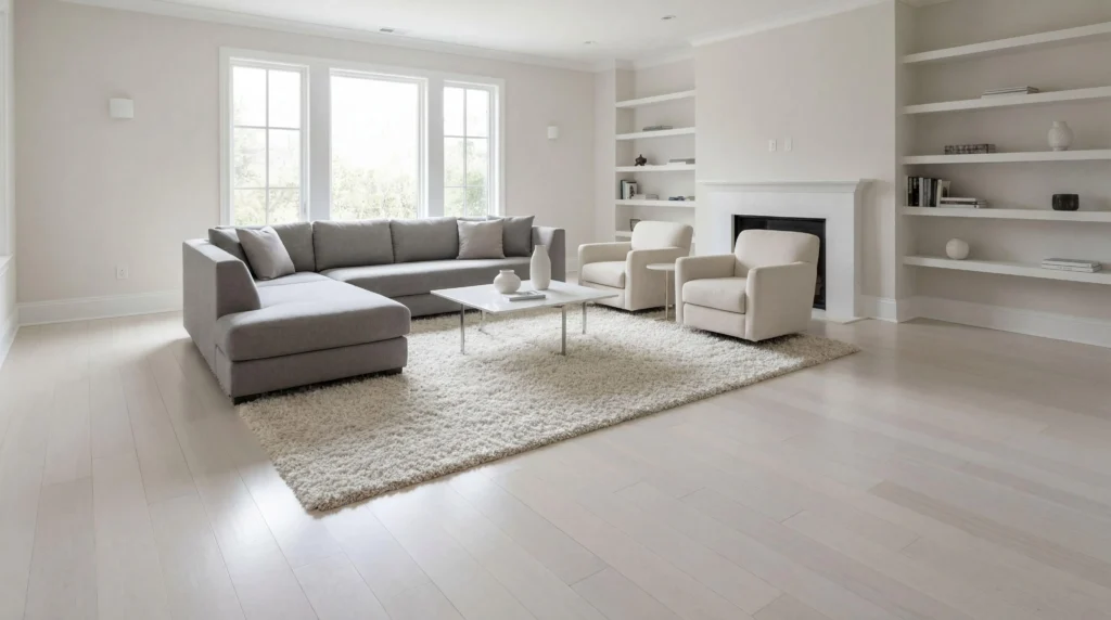 White flooring in a bright living room, creating a spacious, light-filled and neutral interior