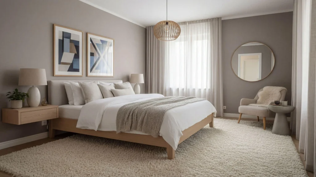 White flooring ideas in a neutral bedroom, styled with a soft area rug for warmth and texture