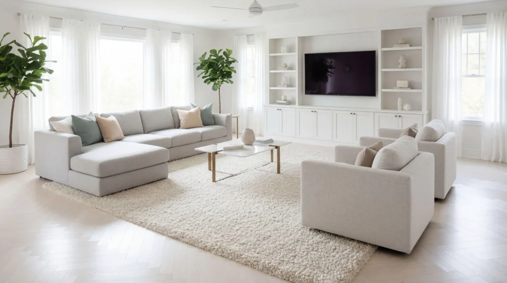 White herringbone flooring in a bright family living room with soft neutral furniture and layered rugs