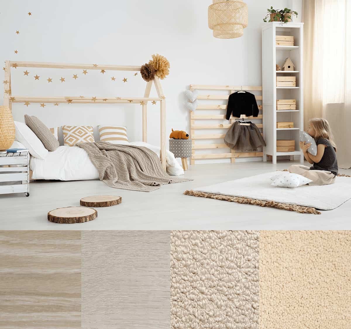 A calm, neutral-toned children’s bedroom styled with light flooring and carpet swatches.