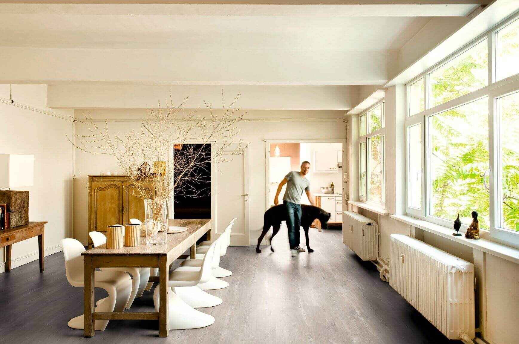 Bright open-plan living and dining area with large windows and a person walking a dog.