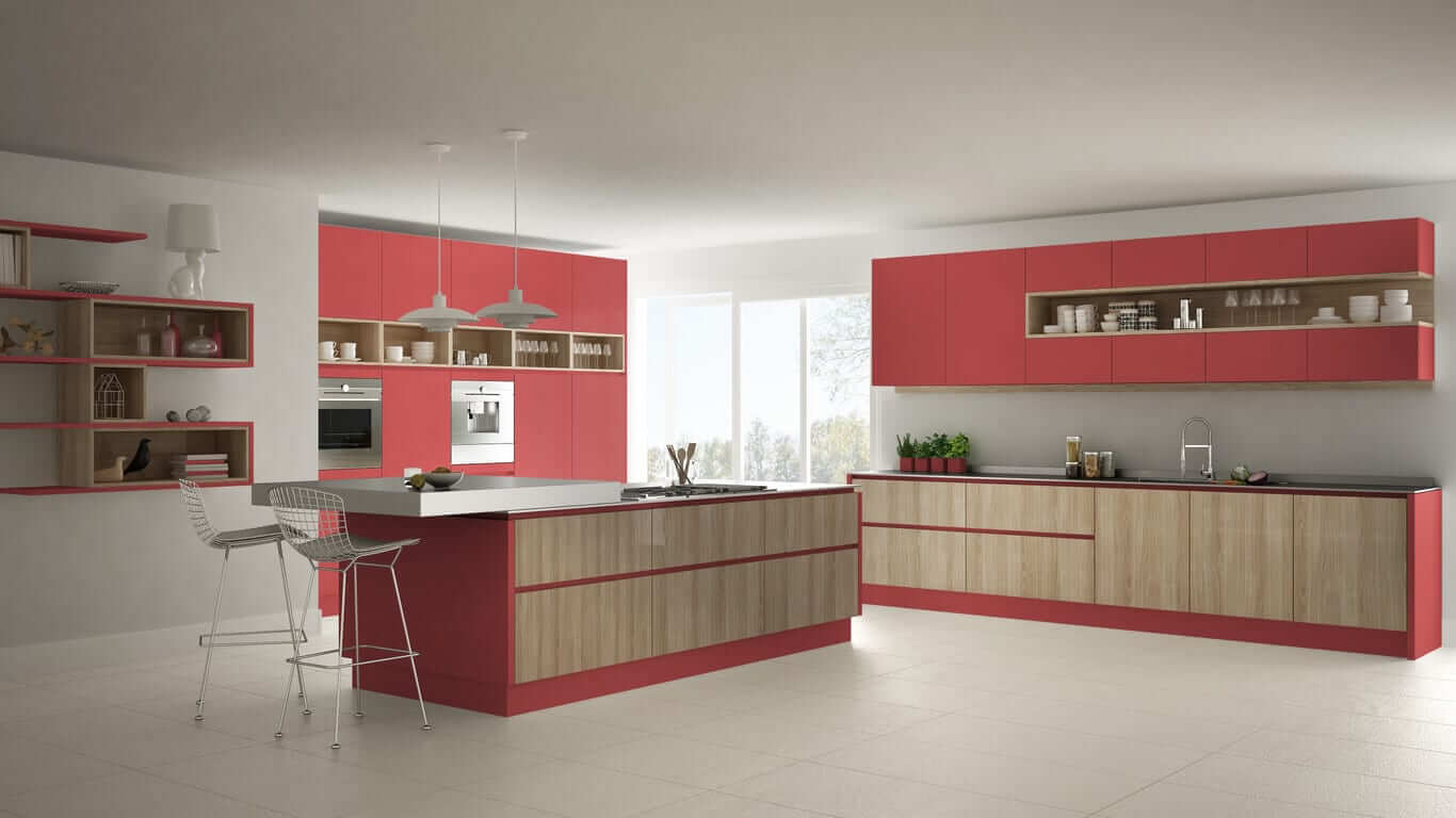 Contemporary kitchen with matte red cabinetry, timber accents, open shelving and a large island