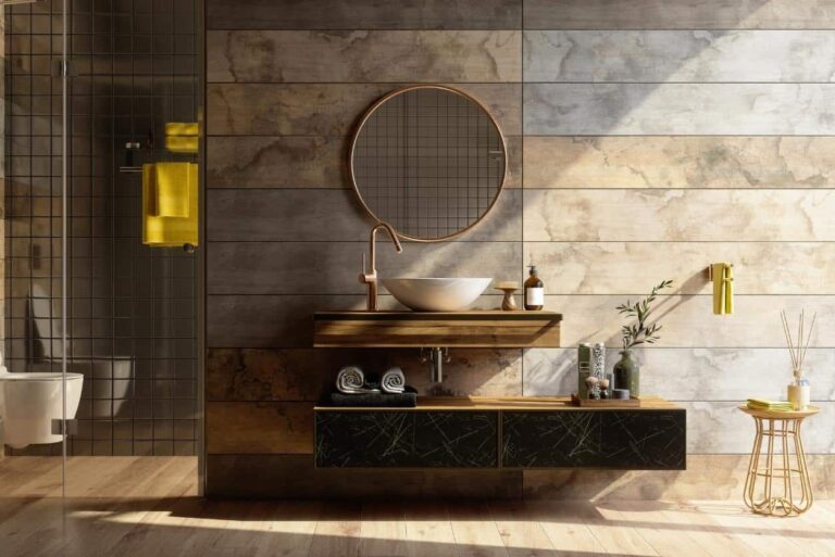 Bathroom featuring tiled walls designed to look like flooring