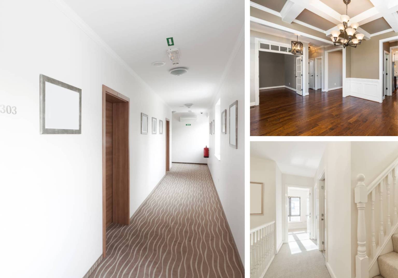 A collage of hallways featuring different flooring types