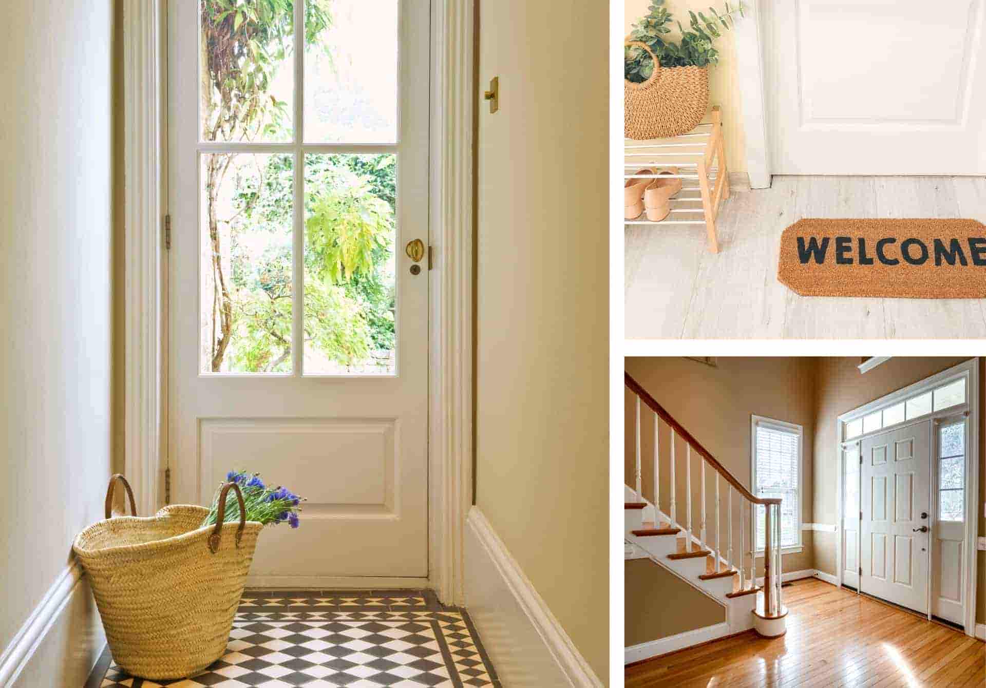 A collage of entryways featuring different flooring types and styles
