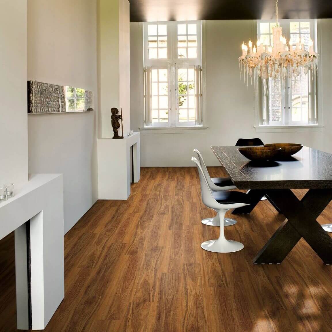 Open plan dining room featuring waterproof greige vinyl plank flooring with a realistic oak grain and matte finish.