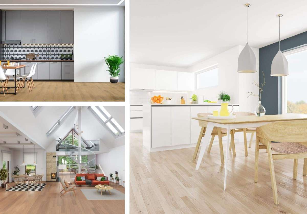 A collage of kitchen & dining interiors.