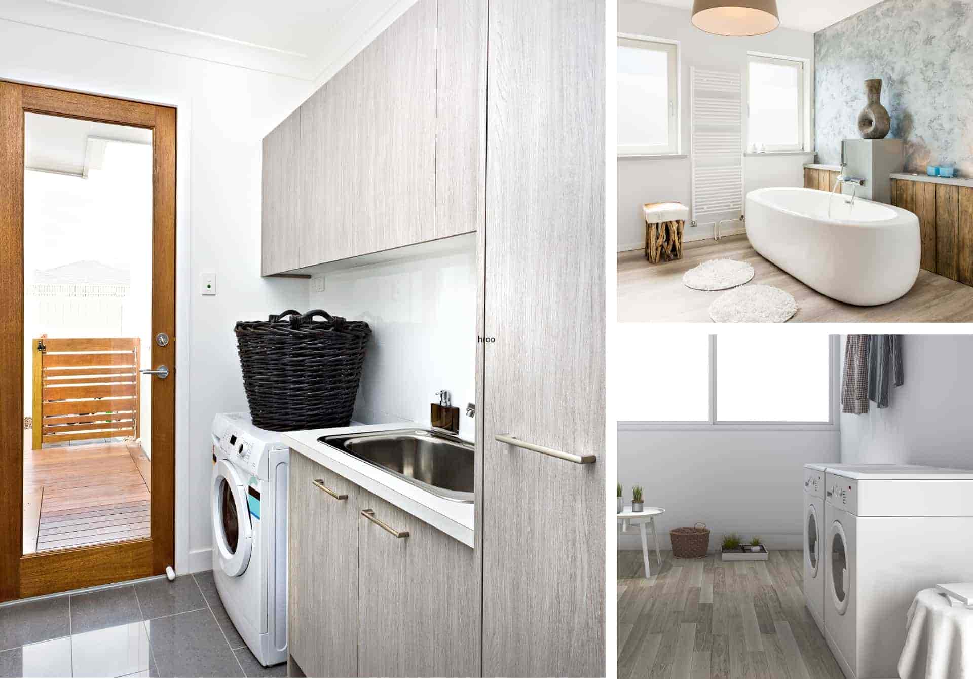 A photo collage of laundry and bathrooms