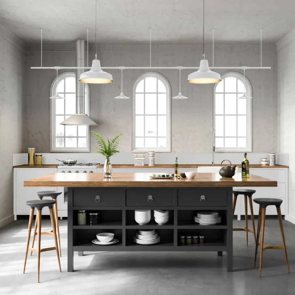 Contemporary kitchen featuring a black island with wooden countertop and open shelving, white cabinetry, arched windows, pendant lights, and bar seating with mid-century modern stools.