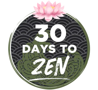 Circular icon featuring a pink lotus flower at the top, with 'thirty days to zen' text in white, surrounded by decorative black wave patterns and green leaf designs on a dark background