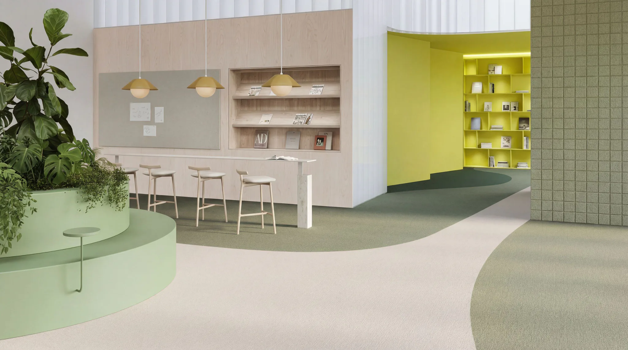 Contemporary office interior featuring curved green planters with live plants, lime-yellow shelving unit, neutral beige counter with three bar stools, hanging brass pendant lights, and mixed commer...