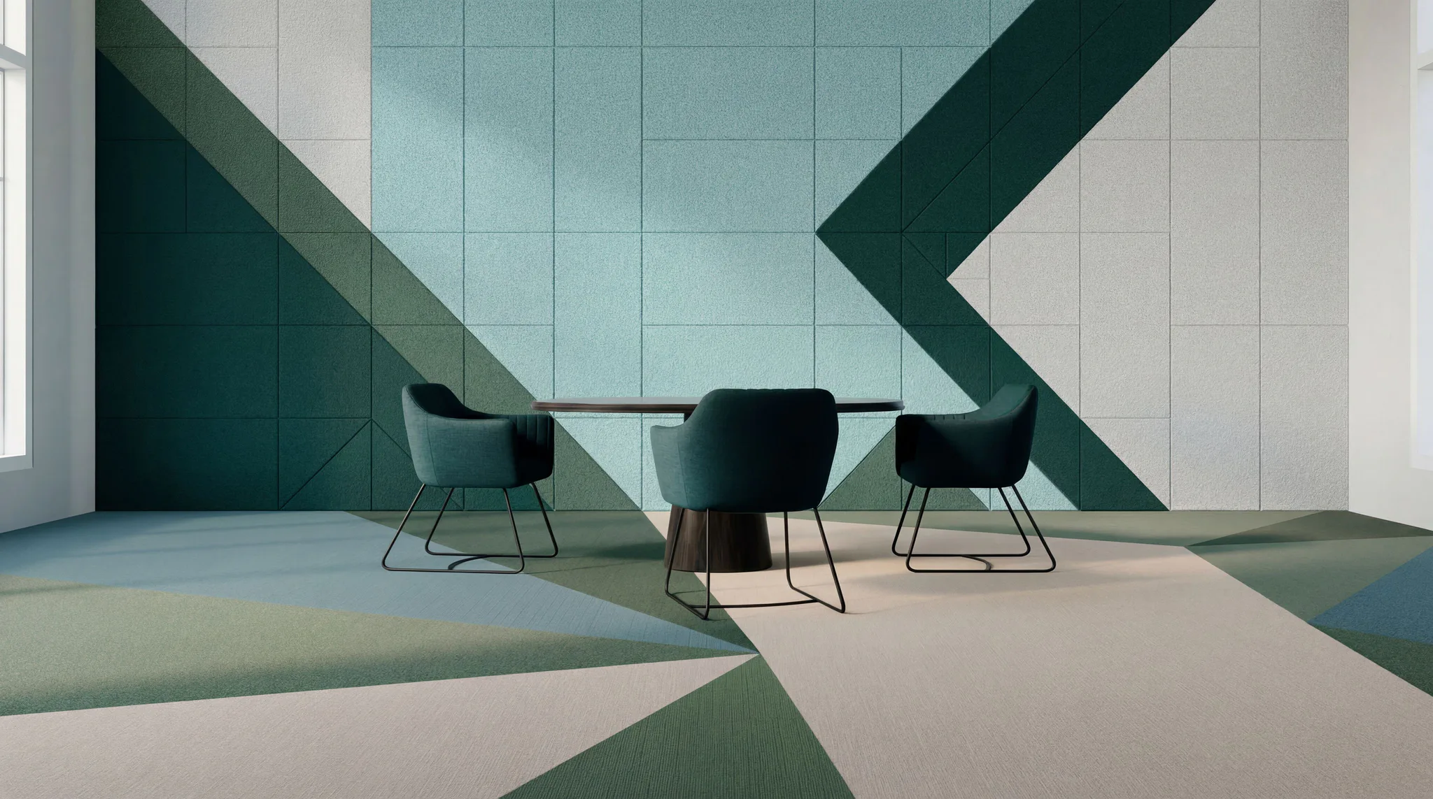 Contemporary office space featuring geometric patterned commercial carpet flooring in teal and cream tones, with modern black chairs around a glass table and angular wall panels.