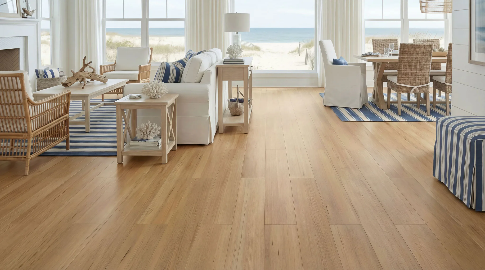 Spacious coastal living room with light wood hybrid flooring, cream furniture with blue striped pillows, large windows overlooking beach and dunes, rattan chairs, and blue striped area rugs.