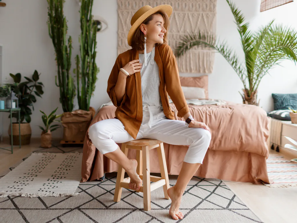 Woman in tan cardigan and white pants sitting on wooden stool in plant-filled bohemian bedroom with cacti, palm plants, and natural textiles