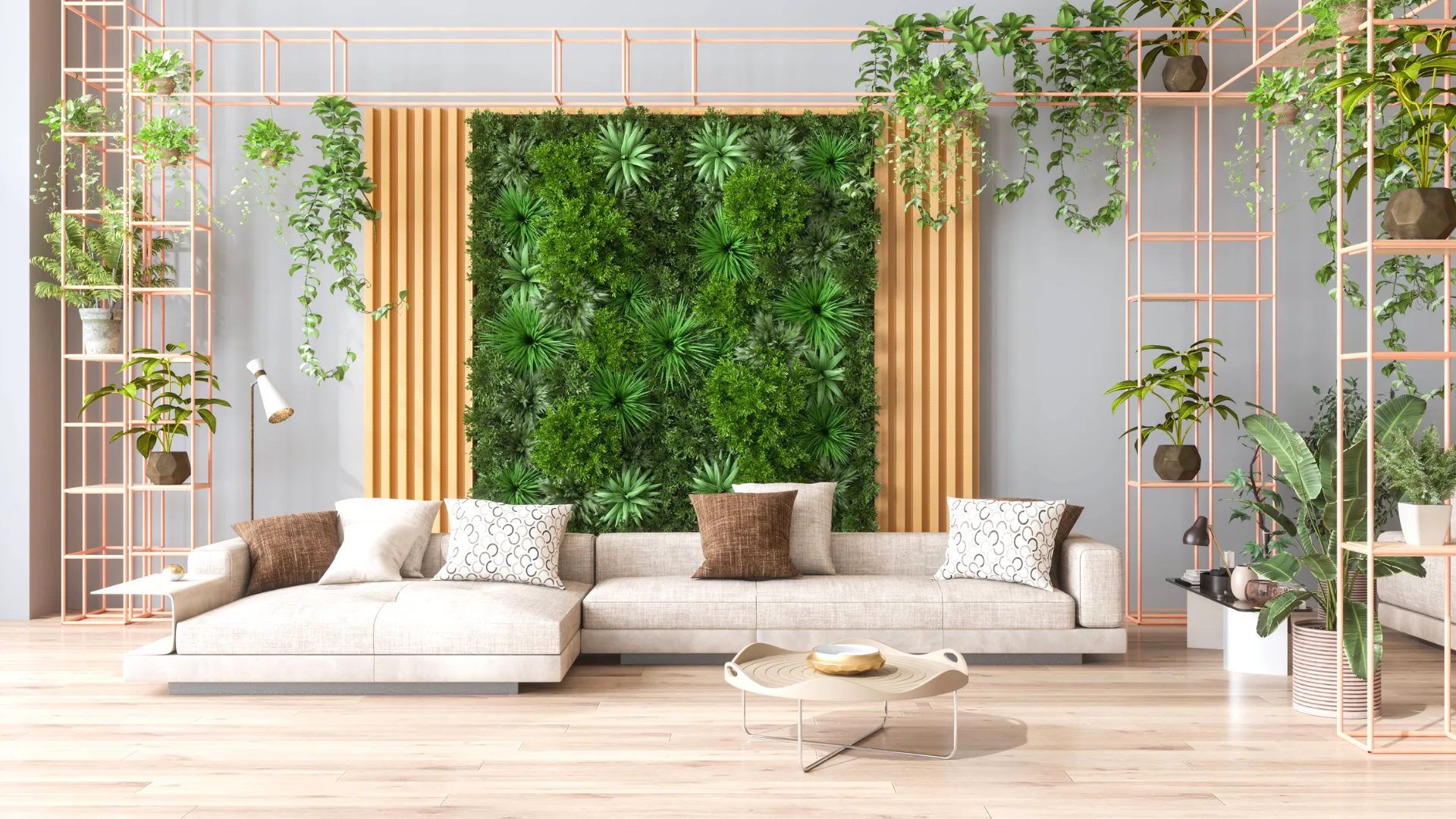 Contemporary living room featuring a large living green wall with tropical plants and ferns behind a beige sectional sofa, flanked by copper geometric plant stands with trailing vines and potted pl...