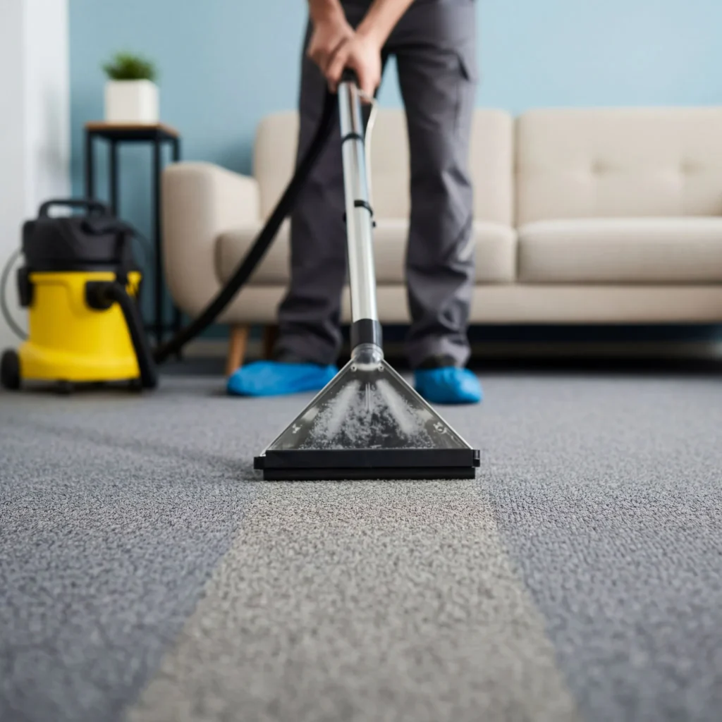 Close-up view of carpet cleaning wand extracting dirt and moisture from gray carpet fibers, with technician in protective booties and yellow extraction machine visible in modern living room.