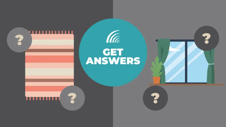 Illustration showing a turquoise circle with 'GET ANSWERS' text and WiFi symbol, surrounded by question mark icons, a striped carpet sample, and a window with plants