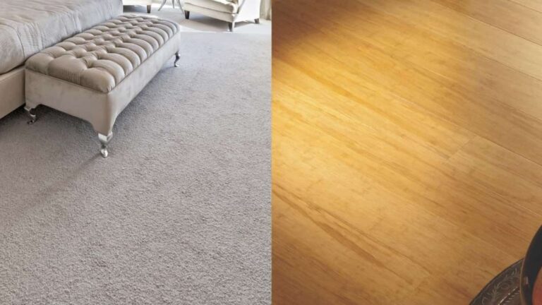 A side-by-side image of carpet and bamboo flooring