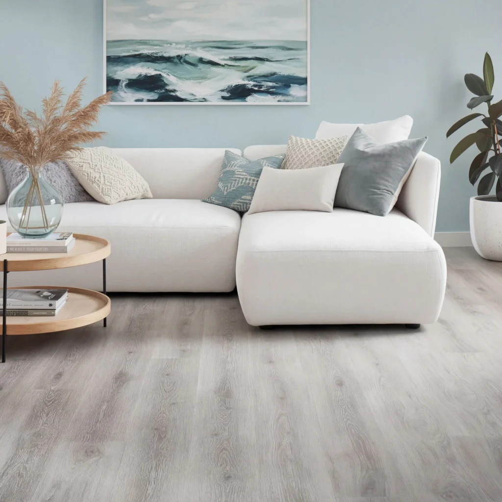 Modern coastal living room featuring light grey vinyl plank flooring, white sectional sofa with blue and neutral pillows, ocean wave artwork, pampas grass in glass vase, and round wooden coffee table