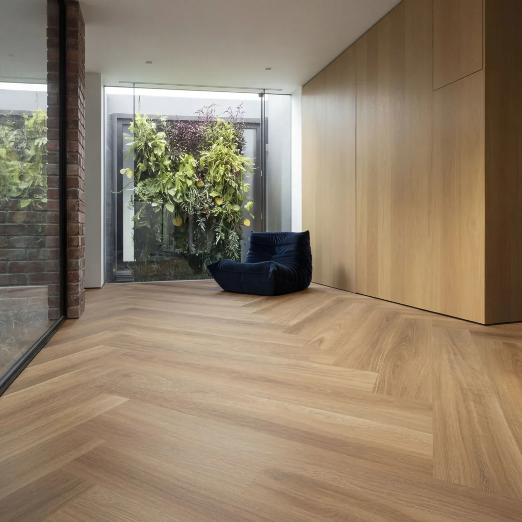 Modern interior space featuring herringbone pattern timber flooring, navy bean bag chair, floor-to-ceiling timber cabinetry, exposed brick wall, and floor-to-ceiling windows overlooking green plant...