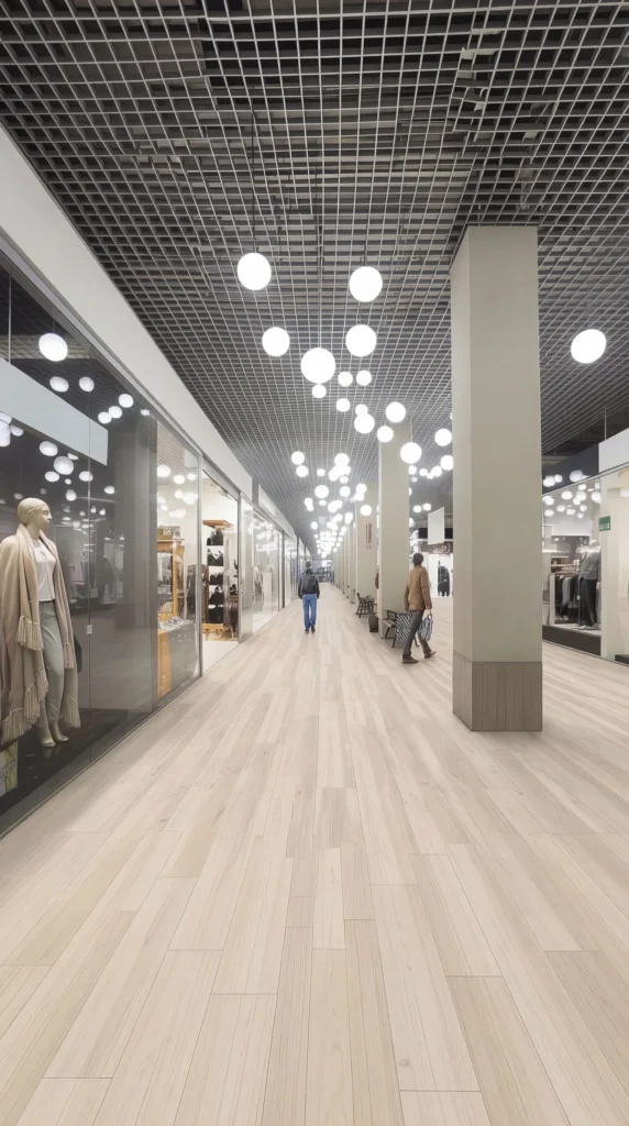 Contemporary shopping mall corridor featuring light wood-look commercial flooring, metallic grid ceiling with recessed circular LED lights, neutral support columns, and retail storefronts with mann...