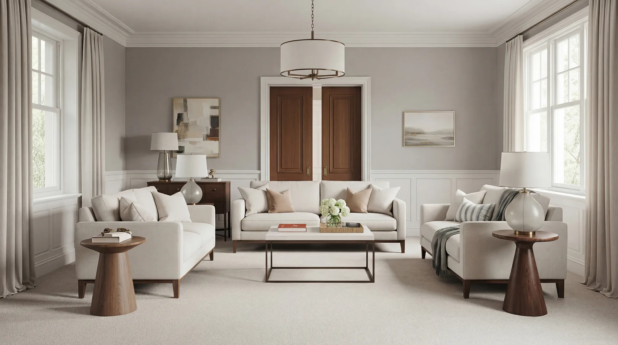 Elegant contemporary living room featuring cream carpet, white upholstered sofa and chairs, walnut wood accents, drum pendant light, and gray walls with white wainscoting