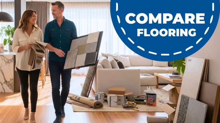 A couple in a modern living room reviewing flooring samples and color swatches with installation materials spread on the floor, including paint cans and tools.