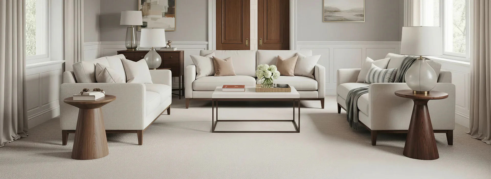 Elegant living room featuring cream upholstered sectional sofa, wooden side tables with lamps, white marble coffee table, and soft neutral carpet throughout a bright space with large windows and wo...