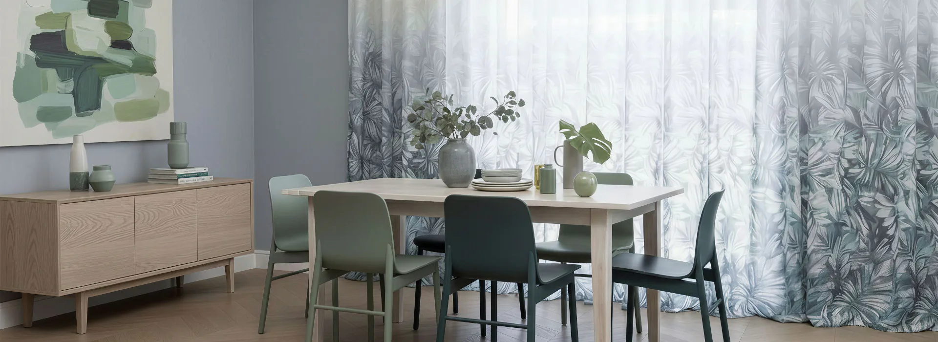 Bright dining room featuring a light wood table with green and black chairs, botanical patterned curtains filtering natural light, wooden sideboard with decorative accessories, and potted plants cr...