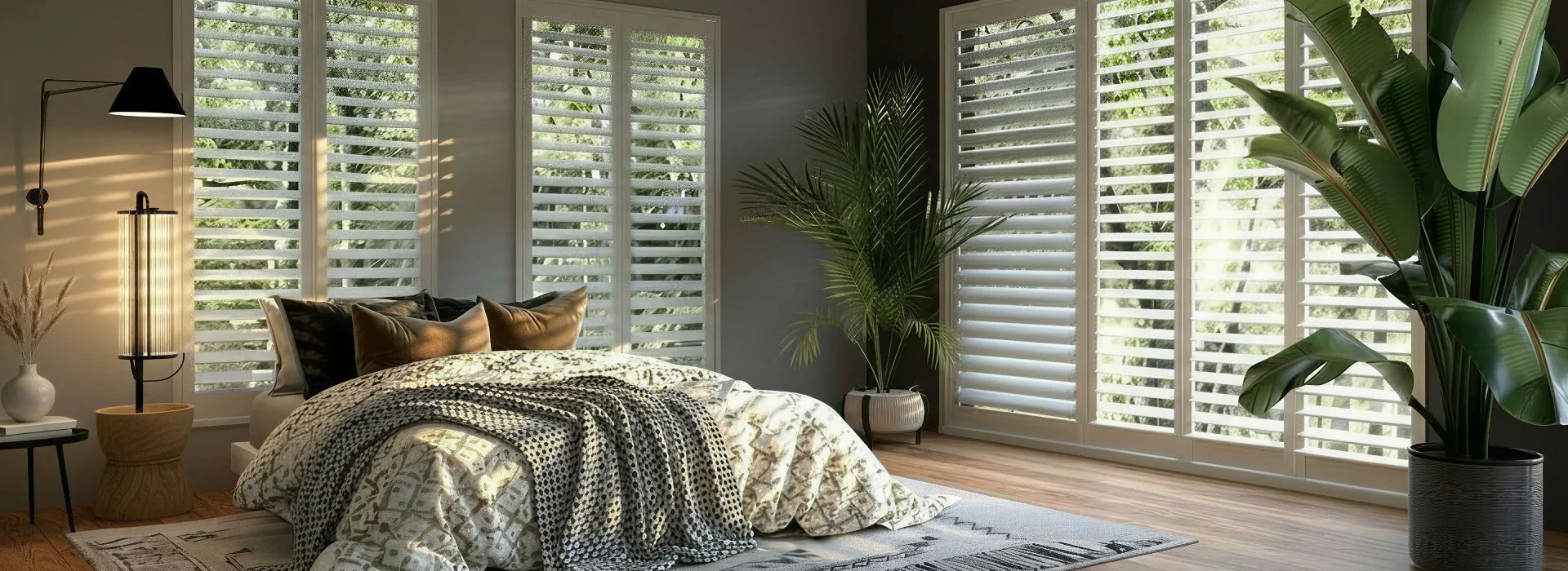 Bright bedroom with white plantation shutters covering floor-to-ceiling windows, natural wood flooring, potted plants, and neutral bedding with decorative pillows.