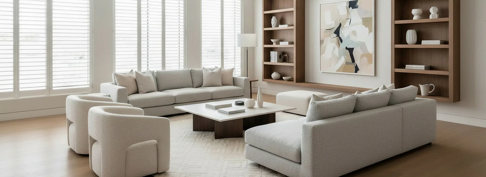 Bright modern living room featuring white plantation shutters on large windows, neutral beige sectional sofas, wooden shelving with décor, abstract artwork, and a white coffee table on light area rug.