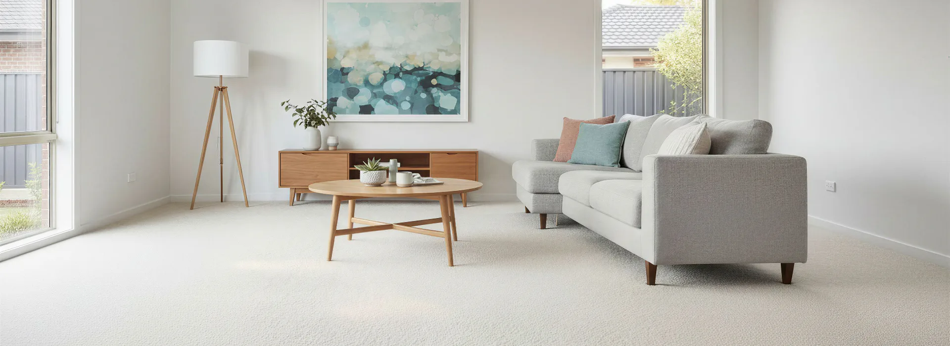 Bright modern living room featuring a light gray sectional sofa with colorful cushions, wooden oval coffee table, mid-century tripod floor lamp, wooden sideboard with plants, and abstract artwork o...