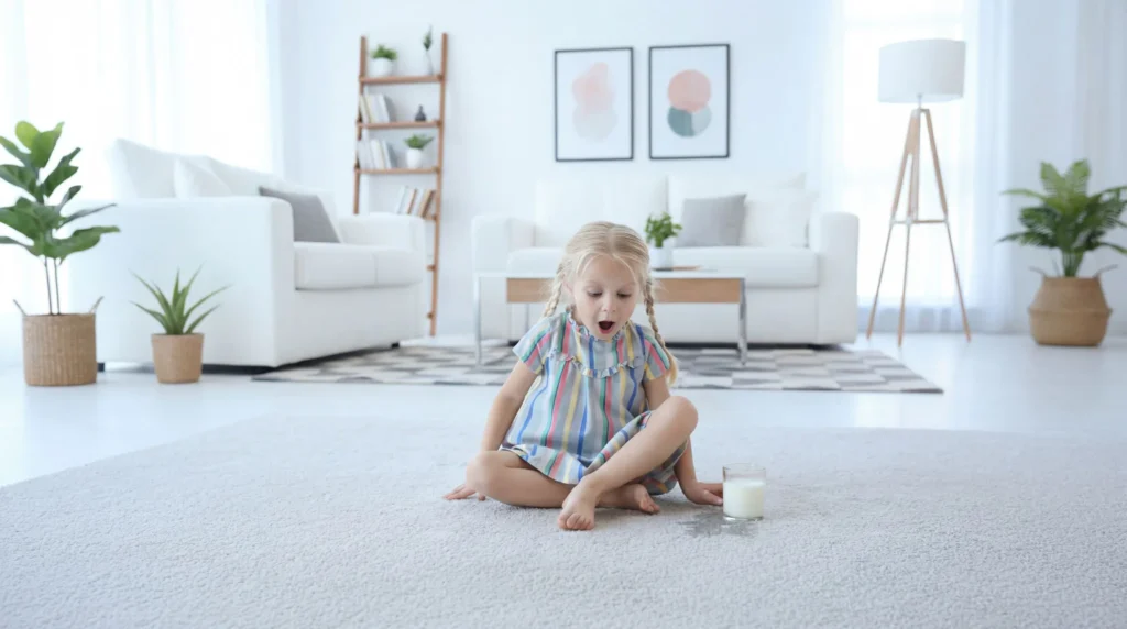Young blonde toddler with braids sitting on a light gray carpet in a bright, minimalist living room with white furniture, potted plants, and modern wall art.