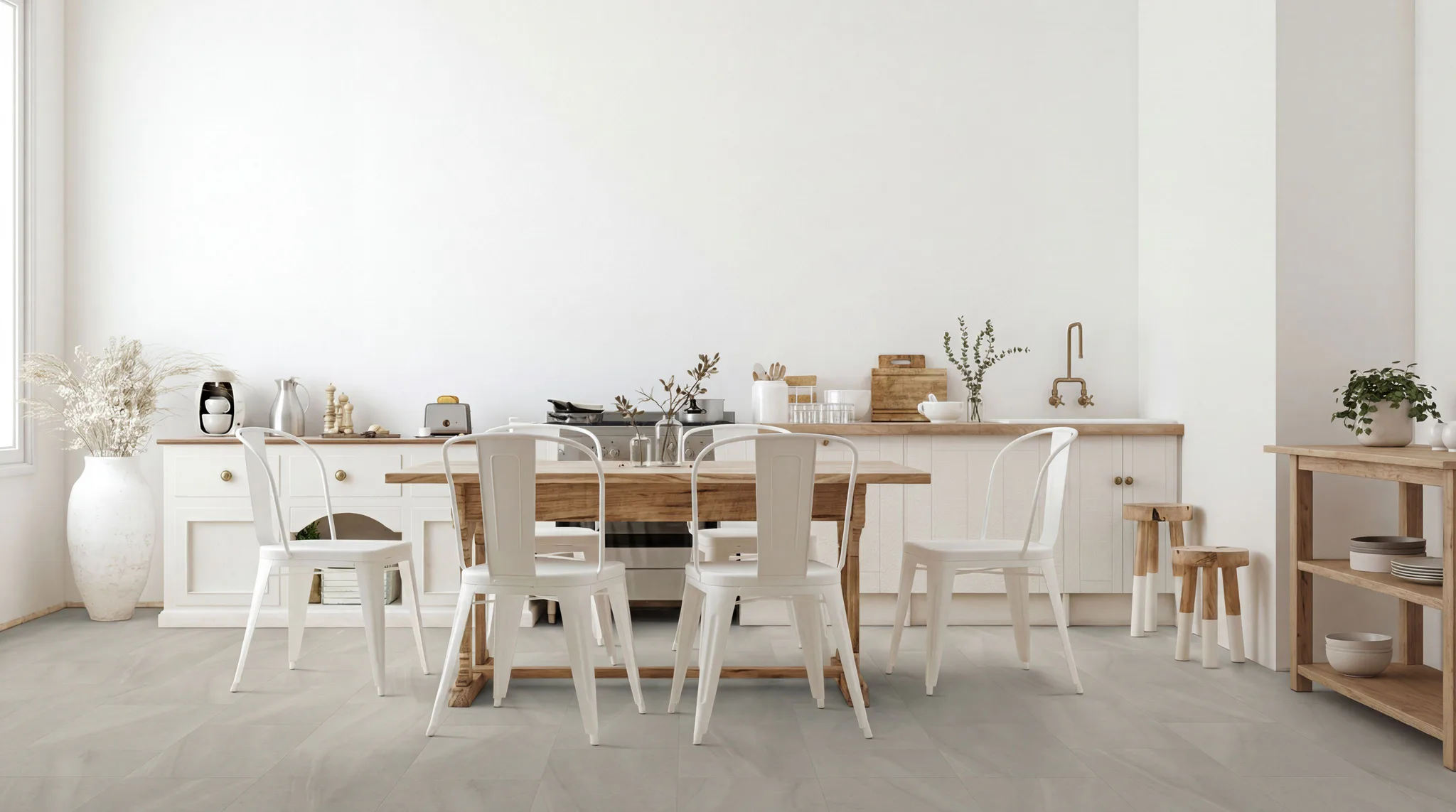 Bright Scandinavian-style kitchen and dining area featuring white metal chairs around a wood table, white cabinetry with wood countertops, and neutral sheet vinyl flooring throughout the open conce...