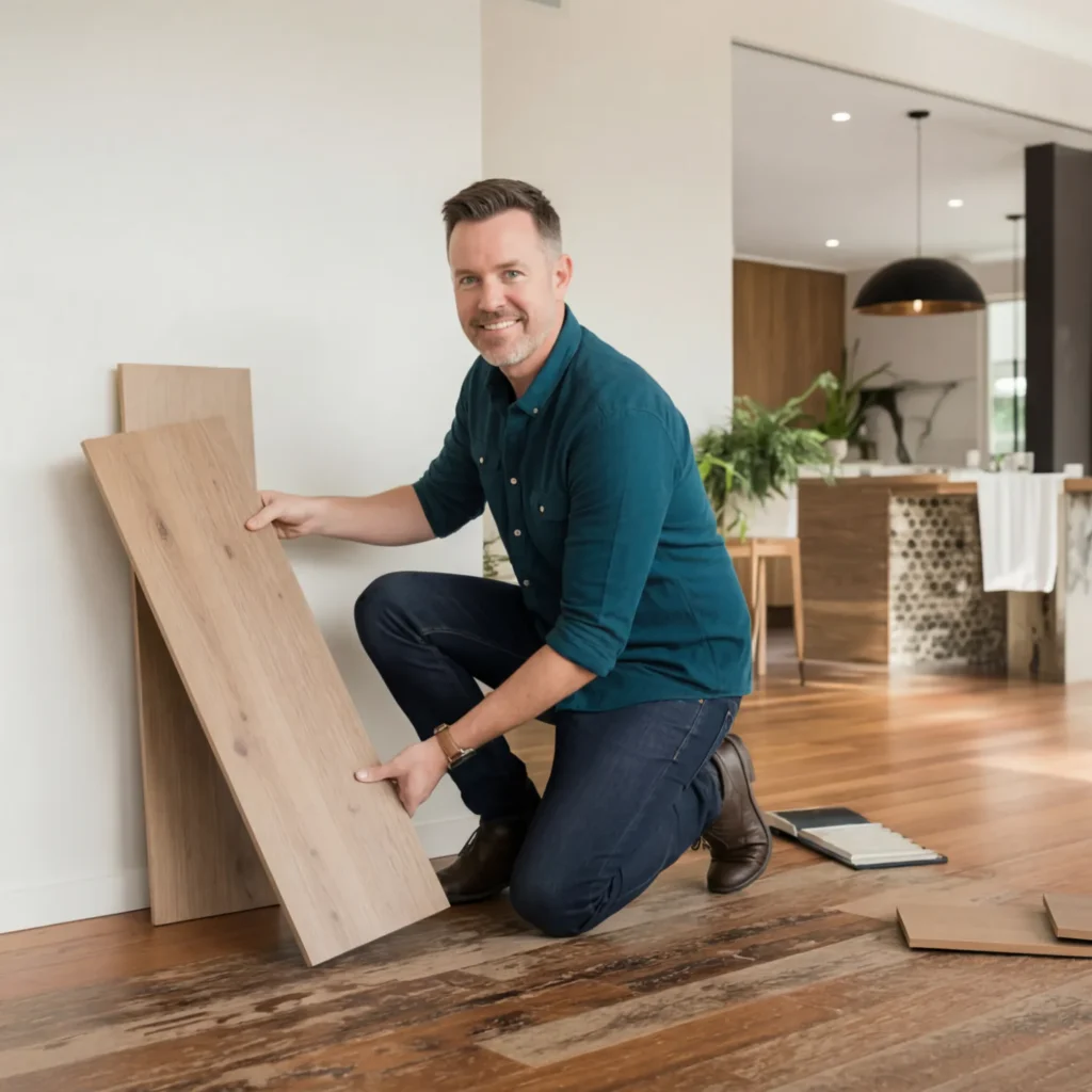 Man in teal button-up shirt kneeling on mixed wood flooring, examining light wood plank sample against white wall in modern home interior with contemporary kitchen visible in background.
