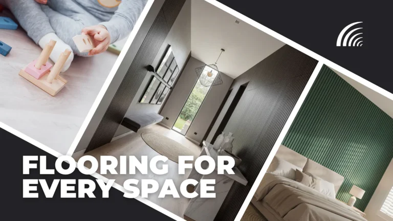 Collage showing child building with wooden blocks, modern bedroom with dark accent wall, and contemporary living room with green paneling, demonstrating diverse flooring applications.