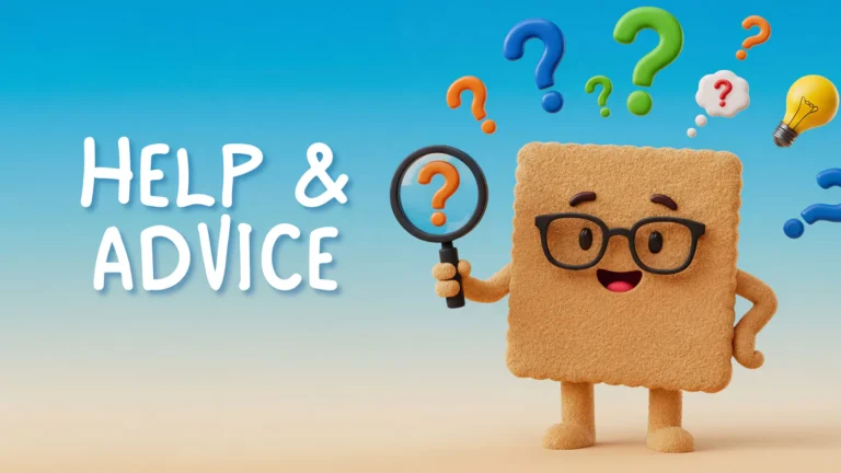 Smiling cork-textured character wearing glasses, holding magnifying glass with question mark symbol, surrounded by colorful floating question marks and light bulb on blue gradient background.