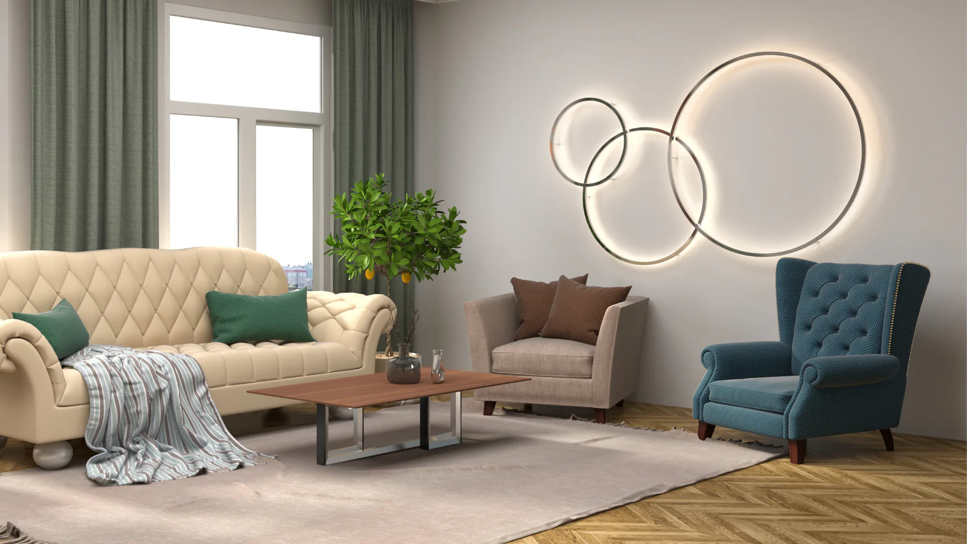 Bright living room featuring a cream quilted sofa with green pillow, blue wingback chair, gray armchair, wooden coffee table, circular neon wall art, potted citrus plant, large windows with sage cu...