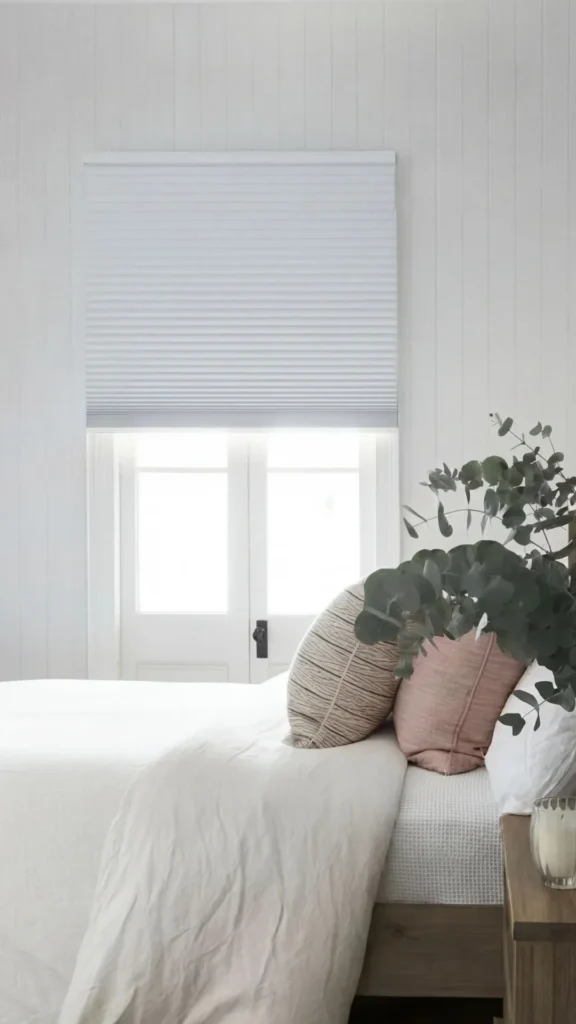 White honeycomb cellular shade mounted on bedroom window above white bedding with decorative pillows and eucalyptus plant on wooden nightstand