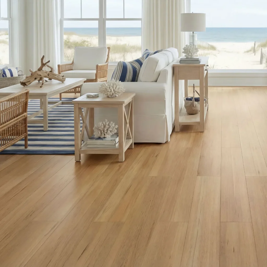 Bright coastal-style living room with light wood hybrid hardwood flooring, cream sofa with striped pillows, wooden side tables with coral decor, and expansive windows overlooking beach and ocean vi...