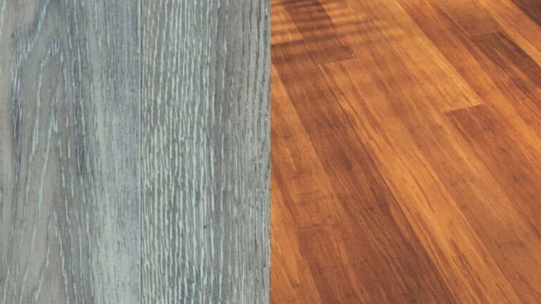A side-by-side image of vinyl and bamboo flooring