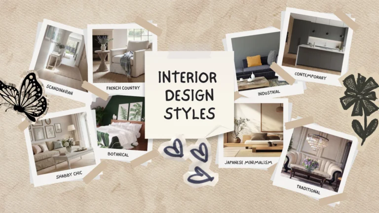 Mood board displaying eight interior design styles with labeled room photos: Scandinavian, French Country, Contemporary, Industrial, Japanese Minimalism, Traditional, Botanical, and Shabby Chic arr...