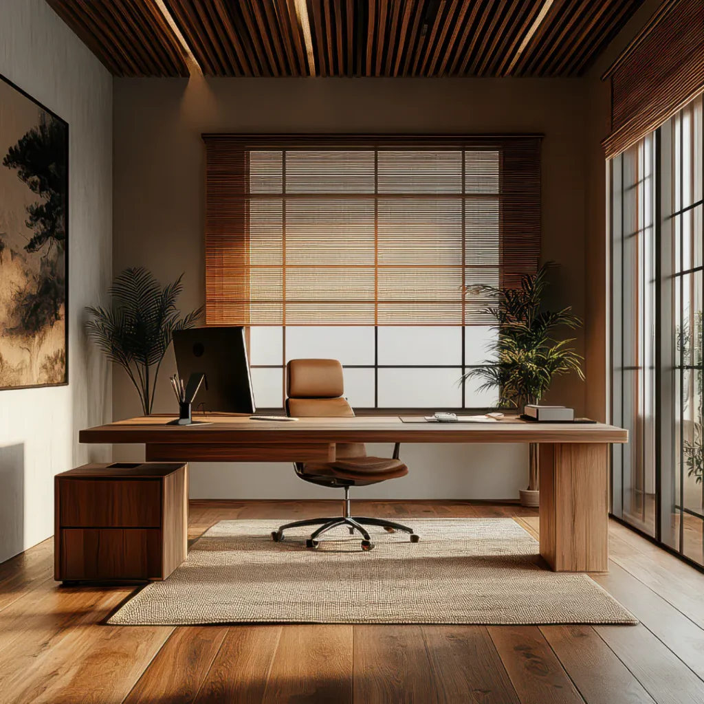 Modern home office featuring a wooden desk with brown leather chair, positioned before large windows with wooden slat blinds. Potted plants flank the workspace in a minimal Japanese-inspired interi...