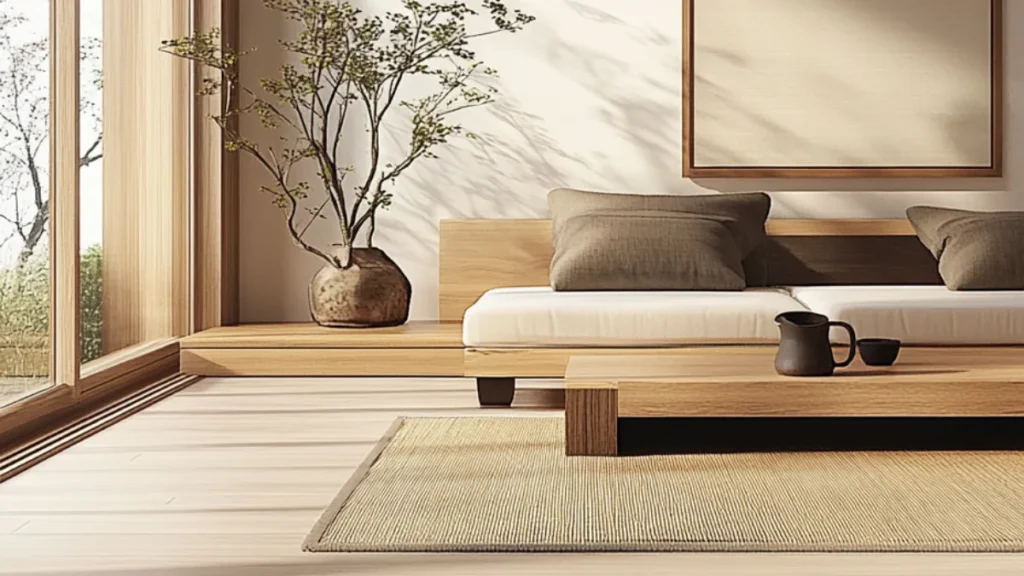 Serene bedroom interior featuring a low wooden platform bed with neutral pillows, ceramic vase with branches, textured area rug, wooden furniture, and floor-to-ceiling windows with natural light ca...