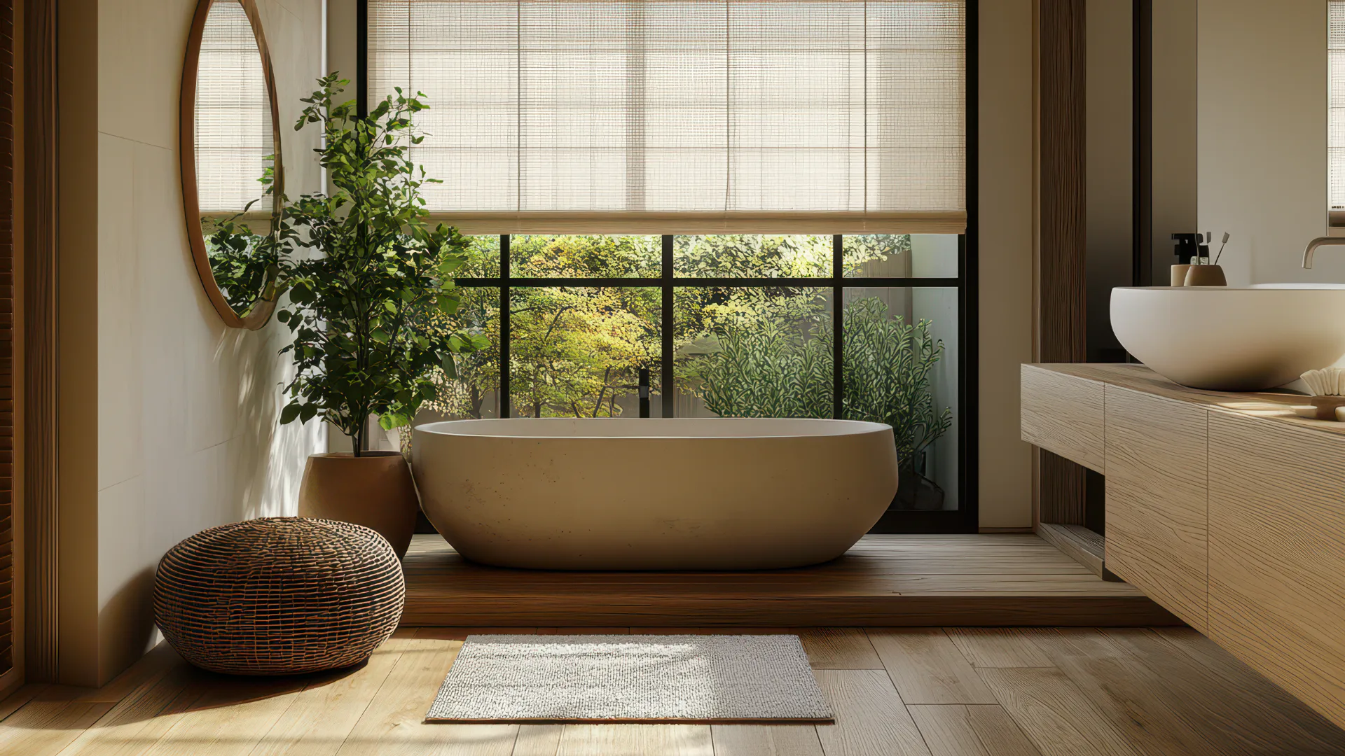 Modern Japanese minimalist bathroom featuring a large curved stone soaking tub on wooden platform, potted green plants, round woven ottoman, circular mirror, and expansive windows with forest views...
