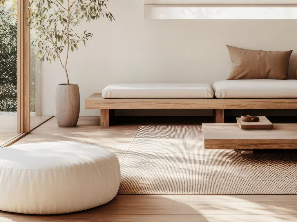 Serene Japanese minimalist living room featuring a low wooden platform bed with white pillows, cream pouf seating, striped neutral rug, wooden coffee table, potted plant by glass doors, and natural...